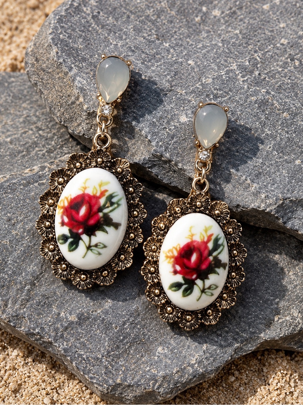 Gold-Tone Red Rose Cameo Drop Earrings